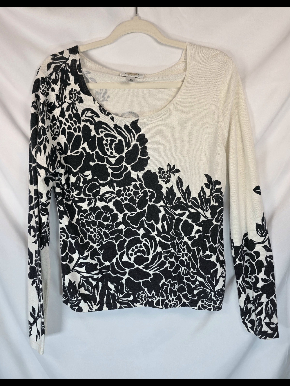 Talbots Ivory & Black Asymmetric Floral Pullover Lightweight Knit Sweater PM